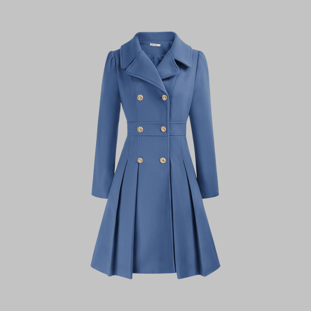Blue double-breasted fit-and-flare coat with gold buttons, notch lapels, and a pleated skirt hem.