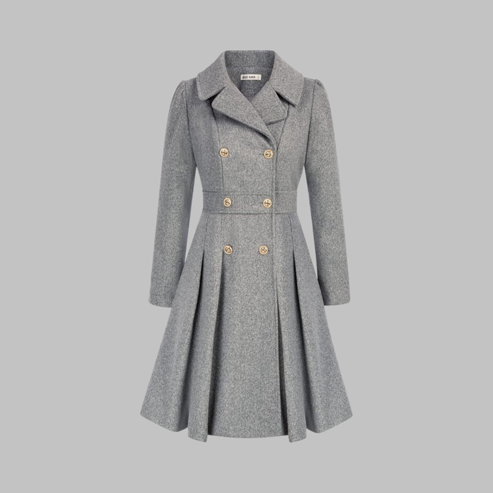 Grey double-breasted fit-and-flare coat with gold buttons, a notch lapel, and a pleated skirt hem.