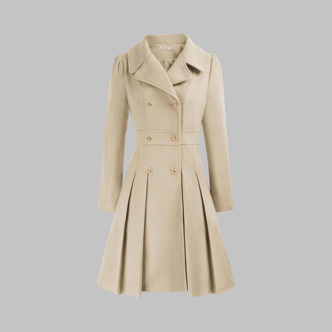 Beige double-breasted fit-and-flare coat with gold buttons, a notch lapel, and a pleated skirt hem.