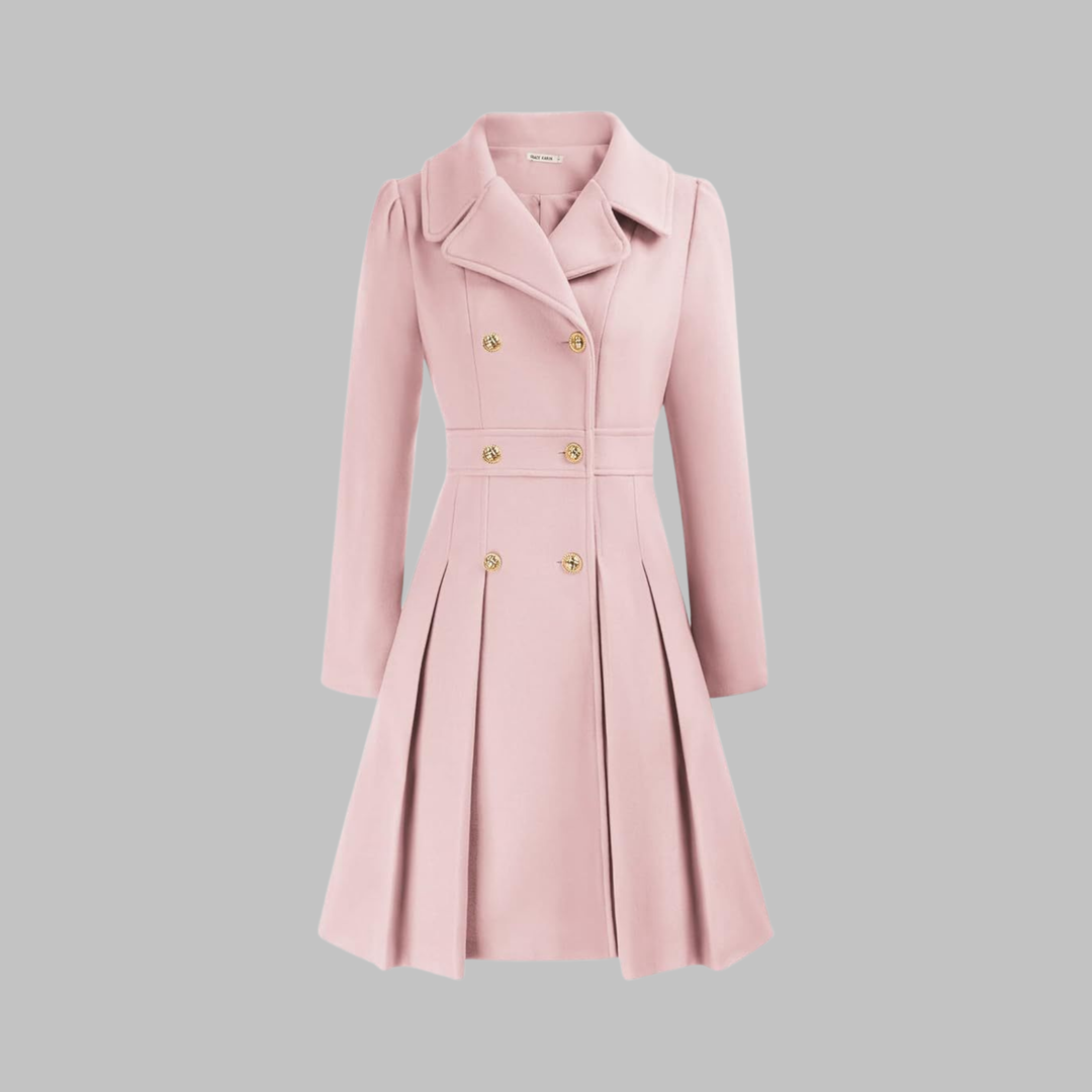 Light pink double-breasted fit-and-flare coat with gold buttons, notch lapels, and a pleated skirt hem.