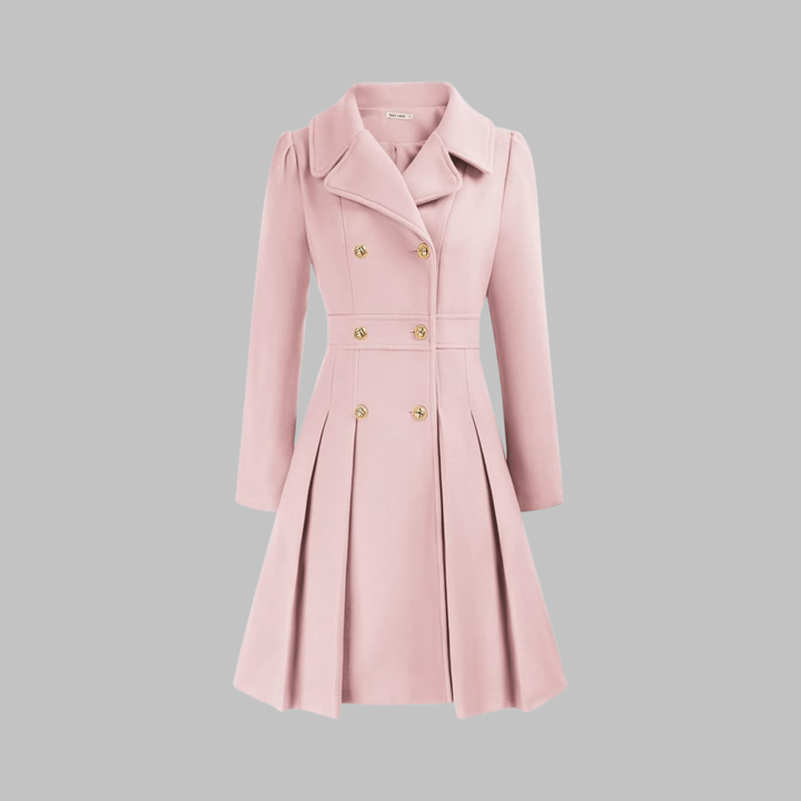 Light pink double-breasted fit-and-flare coat with gold buttons, notch lapels, and a pleated skirt hem.