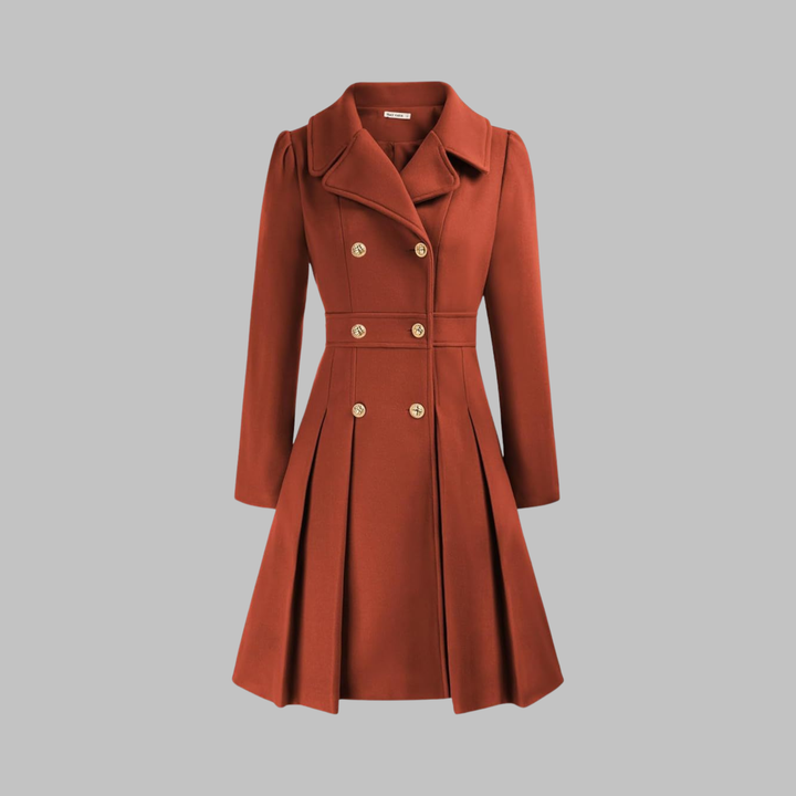 Rust-colored double-breasted coat with a fitted bodice, notch lapels, and a pleated flared skirt with gold buttons.