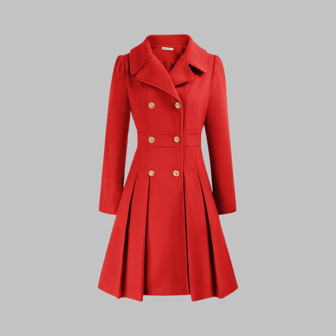 Red double-breasted fit-and-flare coat with gold buttons, notch lapels, and a pleated skirt hem.
