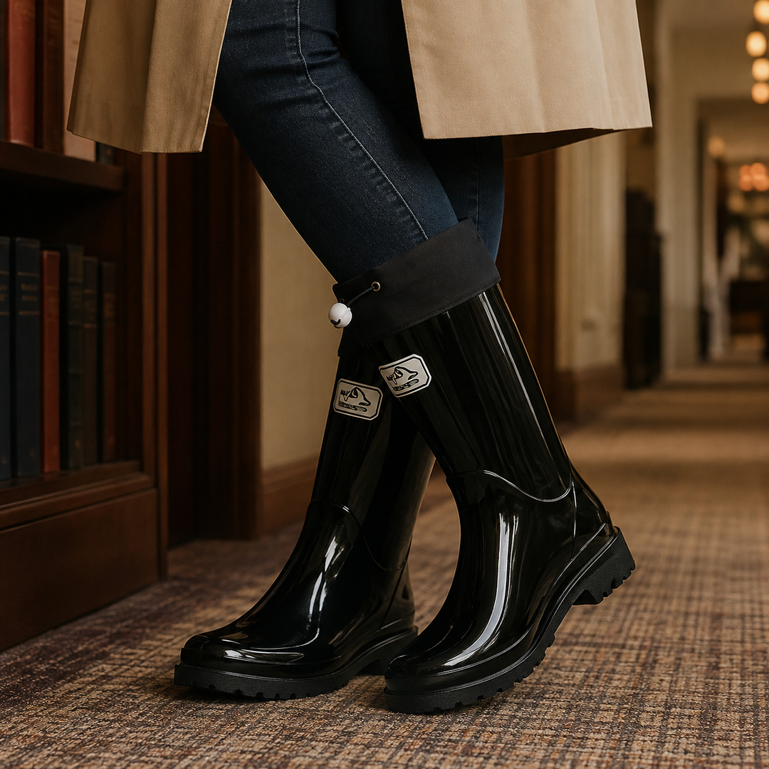 Glossy black knee-high rubber rain boots featuring adjustable drawstring cuffs and durable lugged soles for wet weather.