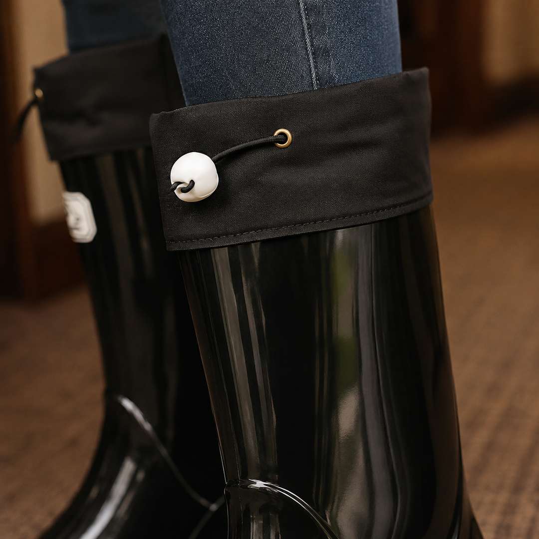 Glossy black knee-high rubber rain boots featuring adjustable fabric cuffs with a secure white drawstring toggle.