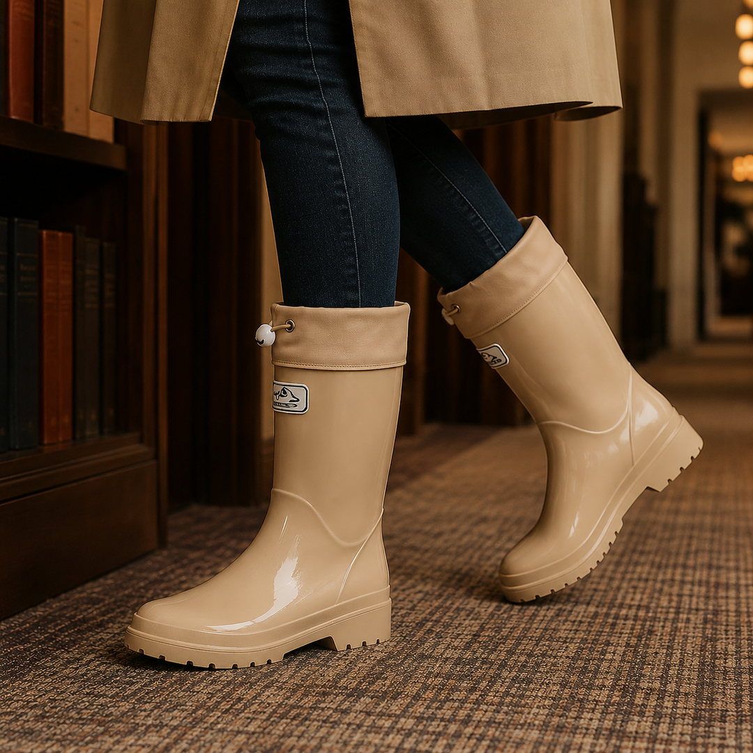 Glossy beige knee-high rubber rain boots featuring adjustable drawstring cuffs and durable lugged soles for stylish wet-weather wear.