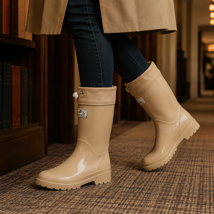 Glossy beige knee-high rubber rain boots featuring adjustable drawstring cuffs and durable lugged soles for stylish wet-weather wear.