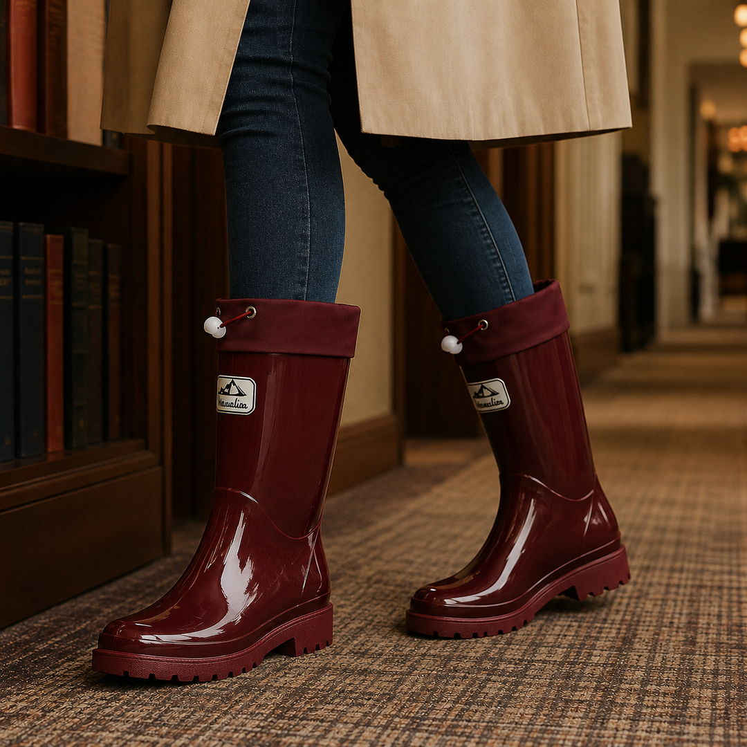 Glossy burgundy knee-high rubber rain boots featuring adjustable drawstring cuffs and a durable lugged sole.