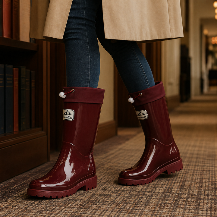 Glossy burgundy knee-high rubber rain boots featuring adjustable drawstring cuffs and a durable lugged sole.