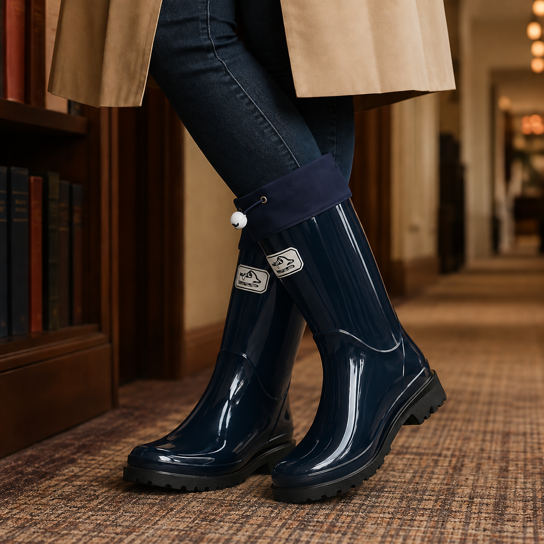 Glossy navy knee-high rubber rain boots featuring adjustable drawstring cuffs and a sturdy lugged sole for wet weather.