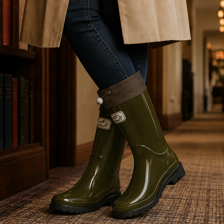 Glossy olive green knee-high rubber rain boots featuring adjustable drawstring cuffs and durable lugged soles.