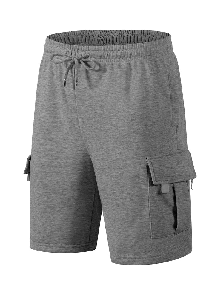 Grey jersey cargo shorts featuring an elasticated drawstring waist and side flap pockets for a relaxed, comfortable fit.