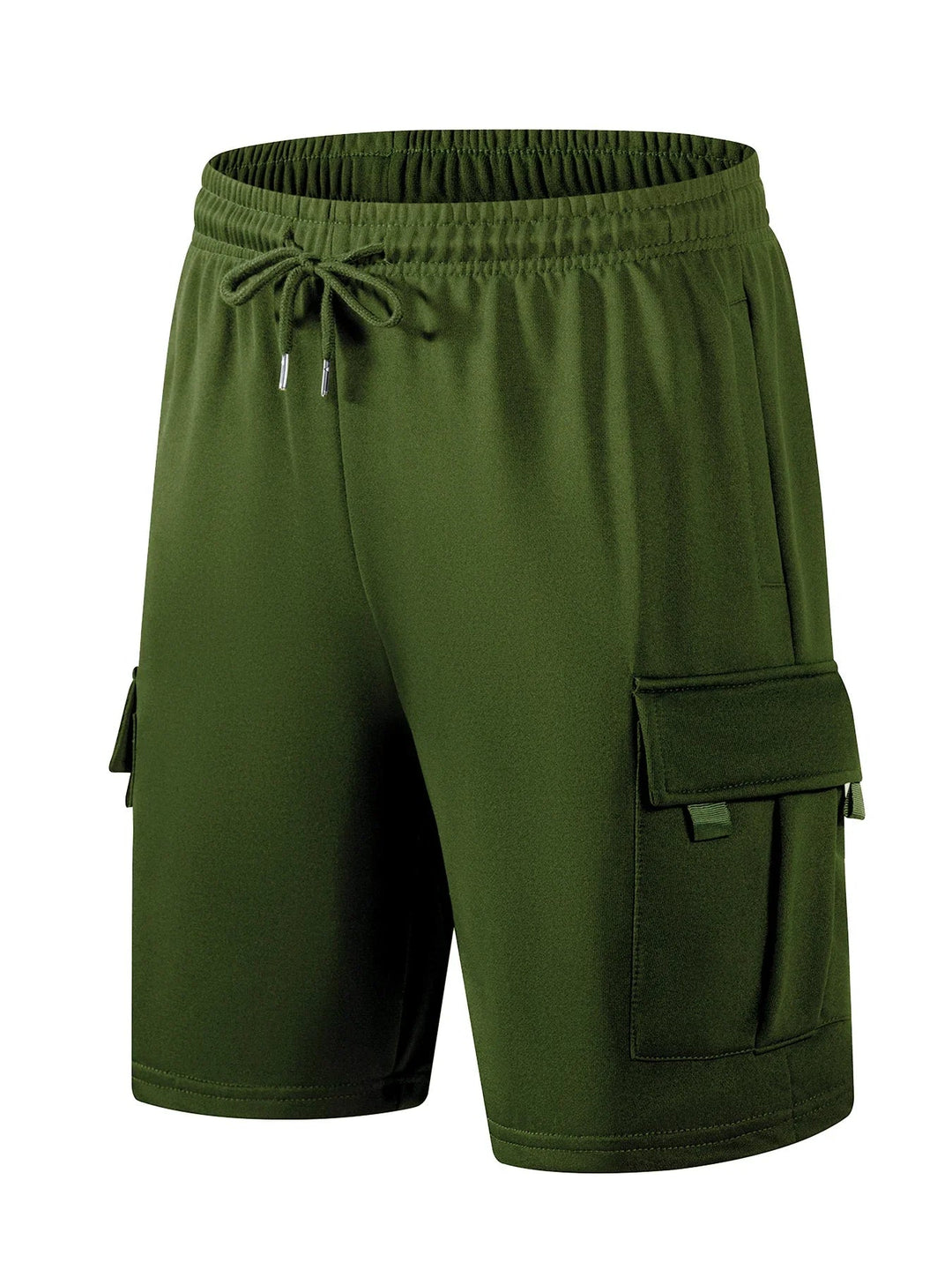 Olive green men's knee-length cargo shorts with an elastic drawstring waist and side flap pockets.