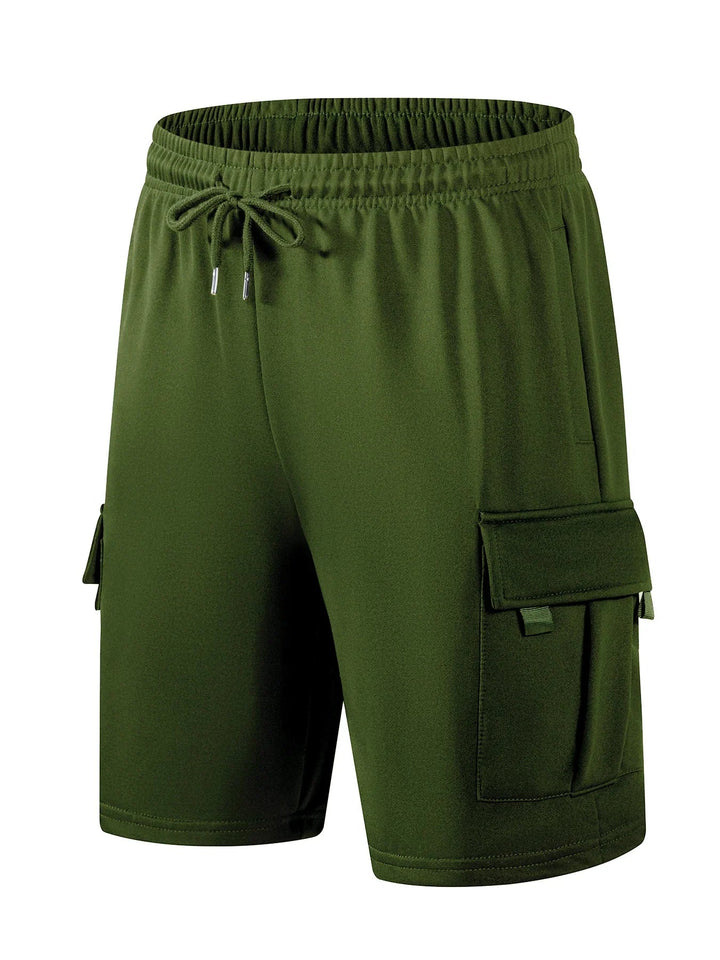 Olive green men's knee-length cargo shorts with an elastic drawstring waist and side flap pockets.