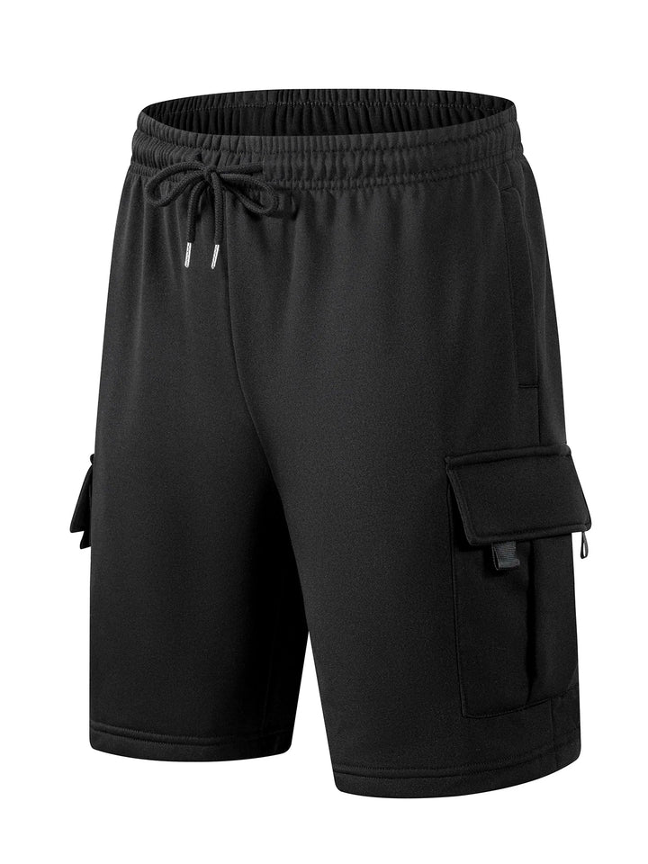 Black men's knee-length cargo shorts featuring an elasticated drawstring waist and side flap pockets.