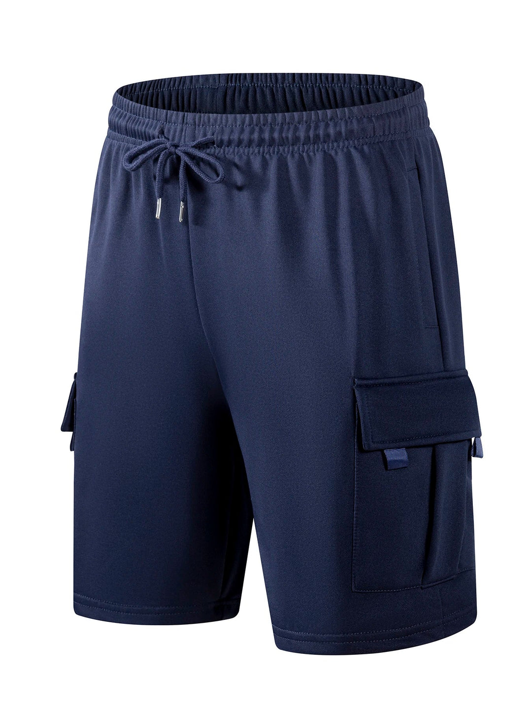 Navy blue men's cargo shorts with an elastic drawstring waist and side flap pockets in a comfortable knee-length fit.