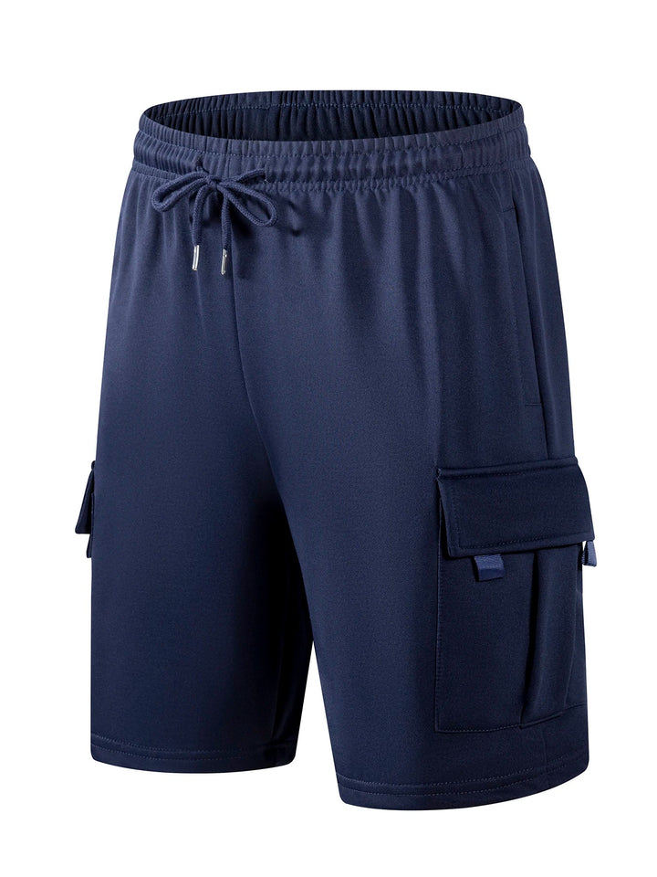 Navy blue men's cargo shorts with an elastic drawstring waist and side flap pockets in a comfortable knee-length fit.