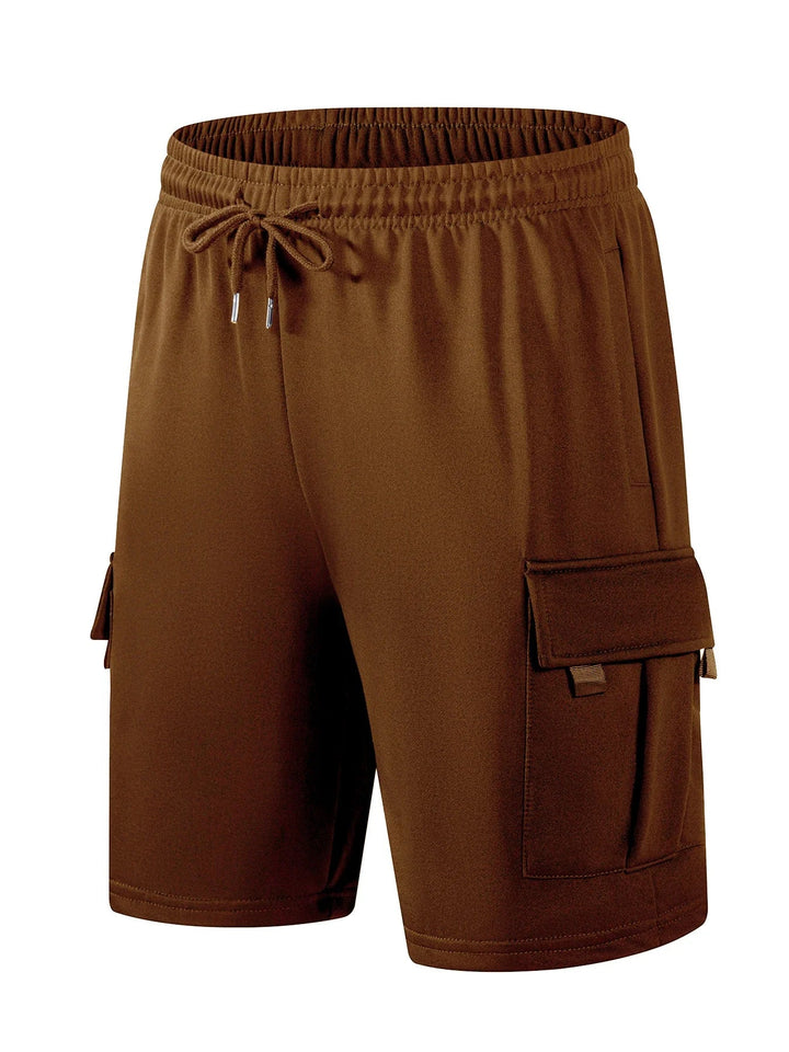 Brown George men's cargo shorts with an elastic drawstring waist and side flap pockets in a knee-length fit.