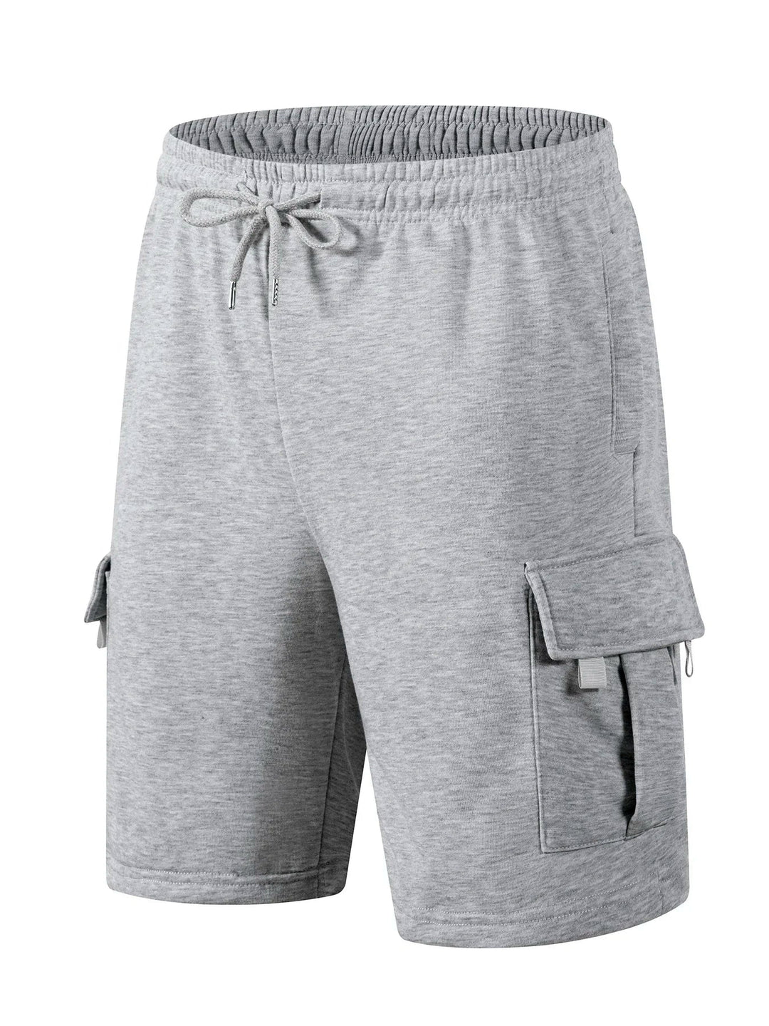 Grey jersey drawstring cargo shorts with elastic waist and side flap pockets.