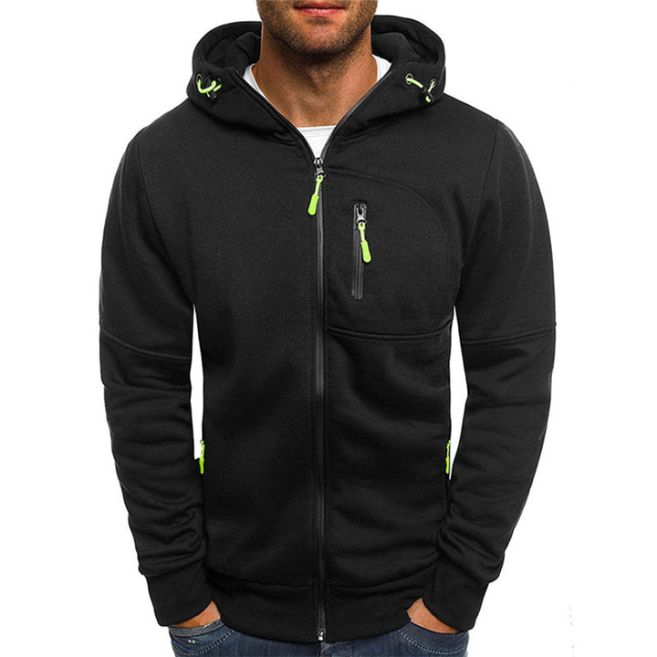 Men's black zip-up hooded jacket with neon green drawcords, contrast zip detailing, and chest pocket.
