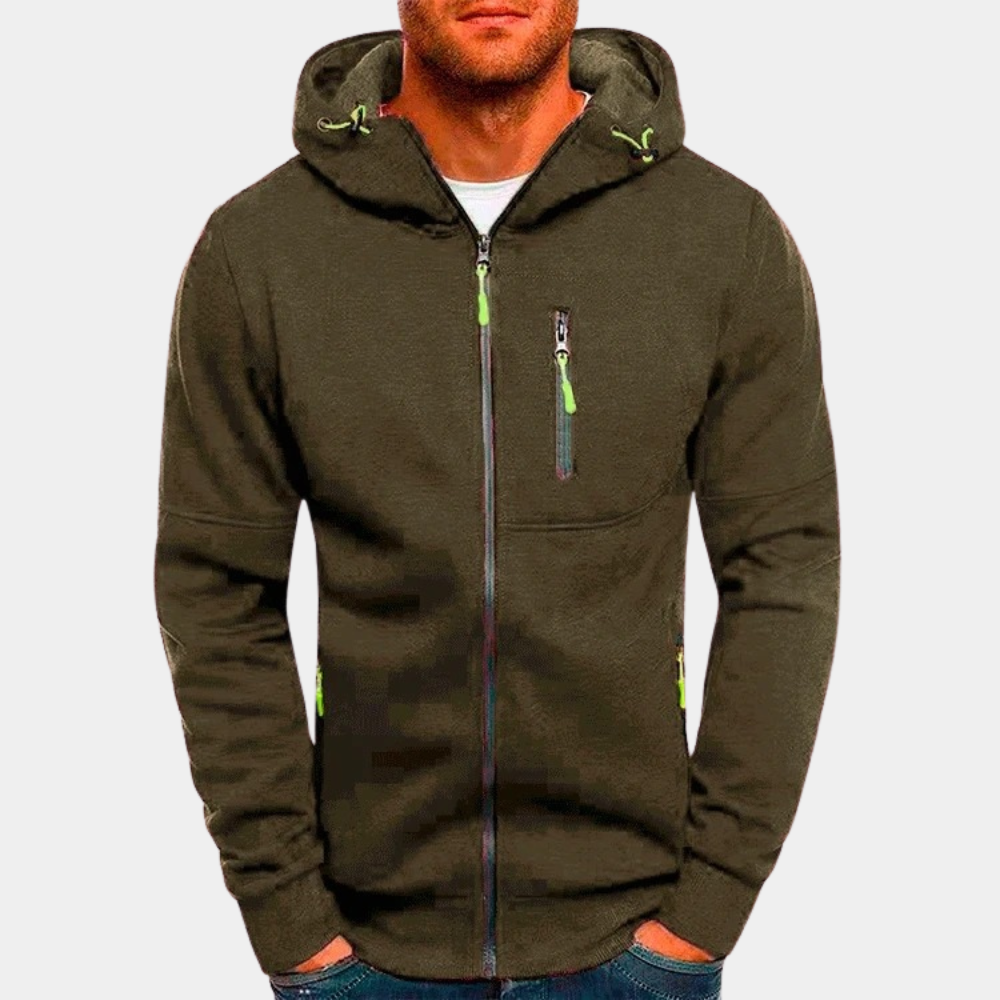 Olive green men's zip-up hoodie with a drawcord hood, contrast neon green zipper pulls, and a chest pocket.