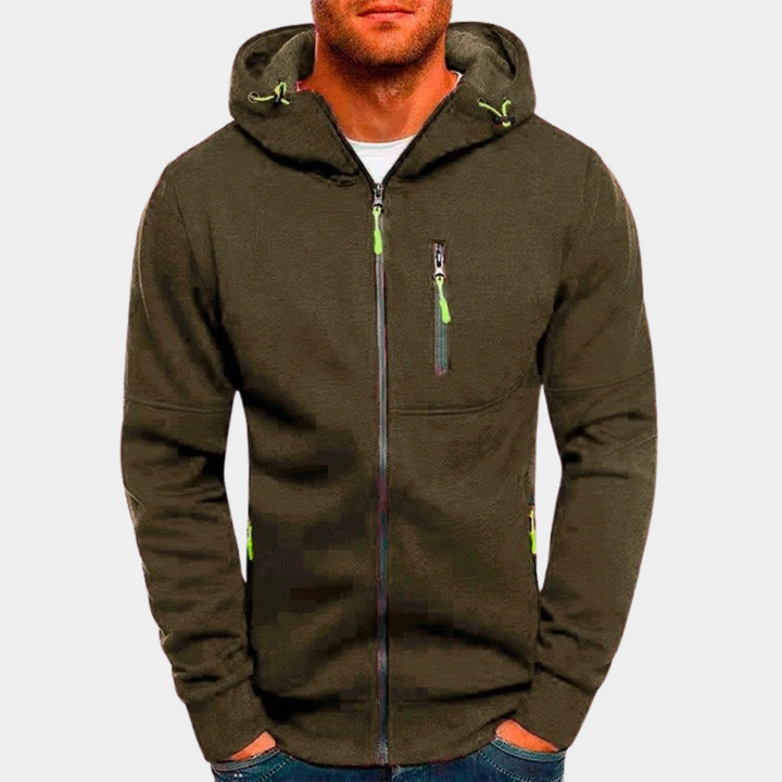 Olive green men's zip-up hoodie with a drawcord hood, contrast neon green zipper pulls, and a chest pocket.