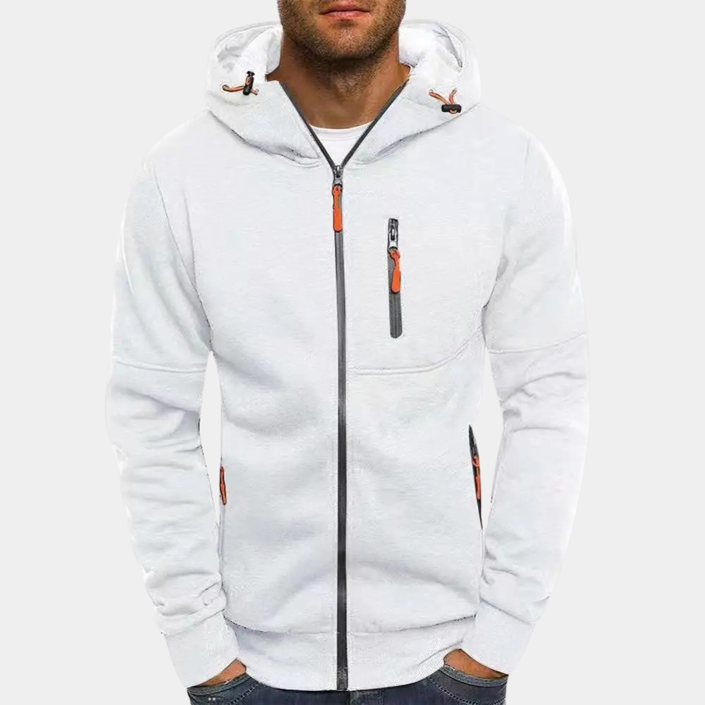 White hooded zip-up jacket with contrast orange zipper pulls, a chest pocket, and adjustable drawcord hood.