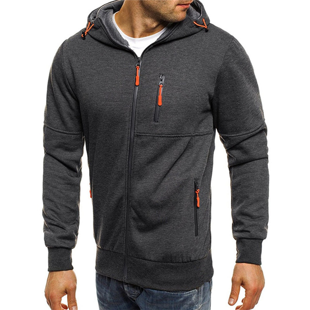 Men's charcoal grey zip-up hoodie with adjustable drawcord hood and vibrant orange zipper accents.