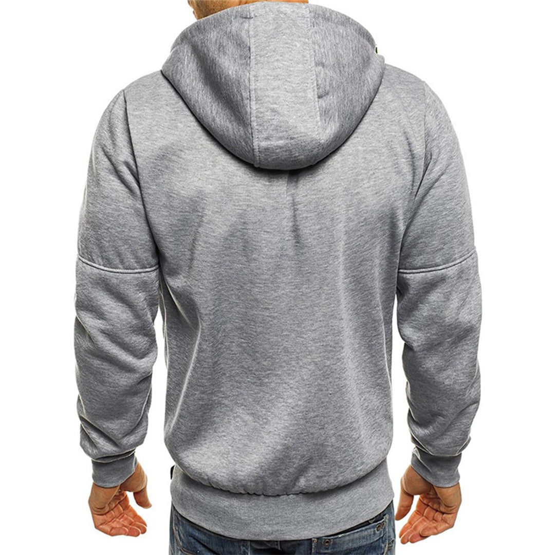 Back view of a grey George men's hooded zip-up jacket in a soft, relaxed-fit fabric with a drawstring hood.