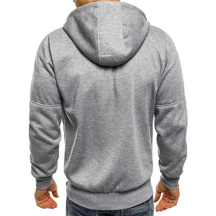 Back view of a grey George men's hooded zip-up jacket in a soft, relaxed-fit fabric with a drawstring hood.