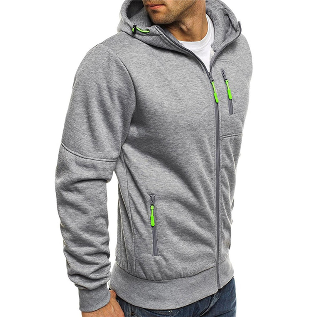 Grey hooded zip-up jacket with neon green zipper pulls and drawcord, featuring a relaxed fit and side pockets.