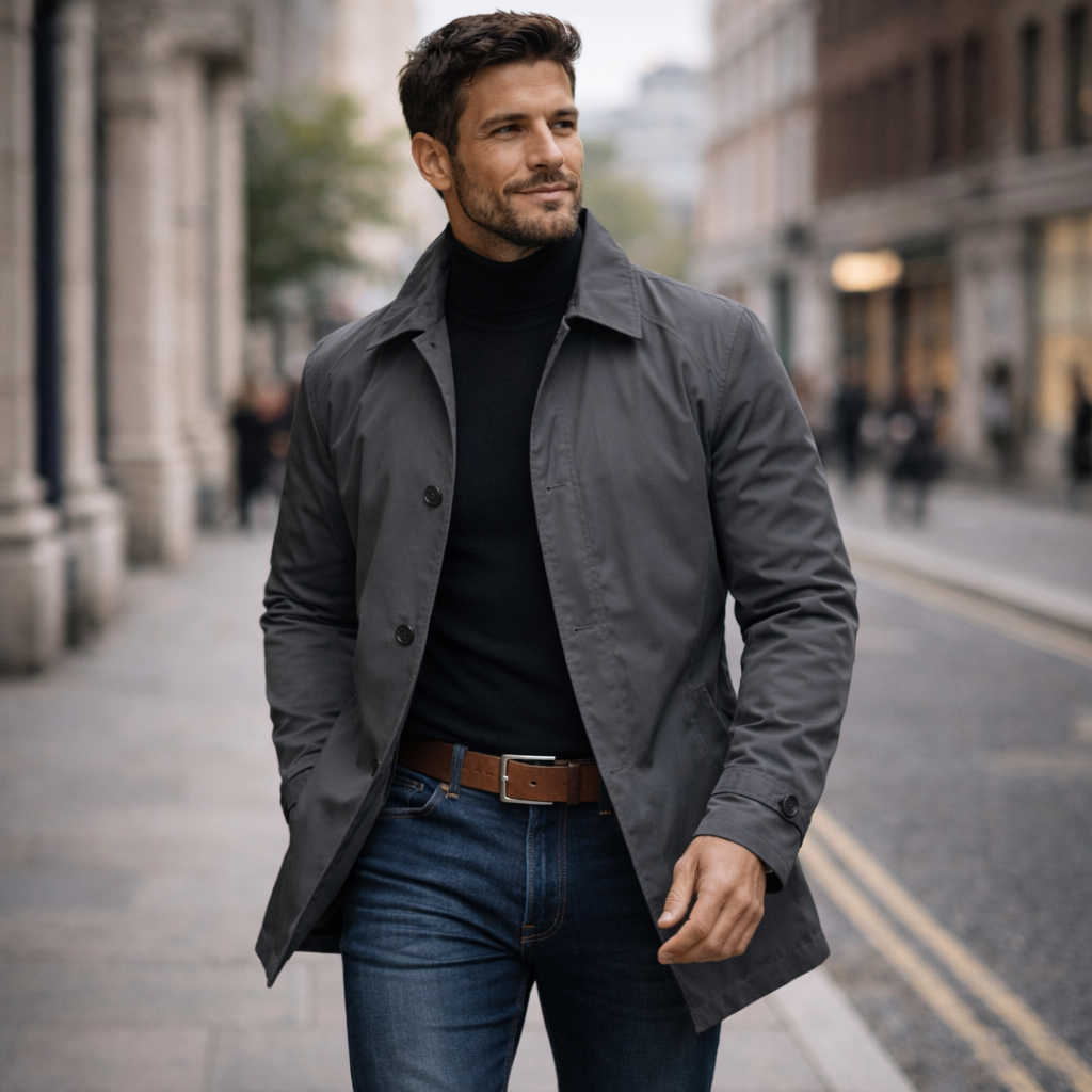 Man wearing a grey, water-resistant, mid-length windproof jacket with a point collar and button front on a city street.