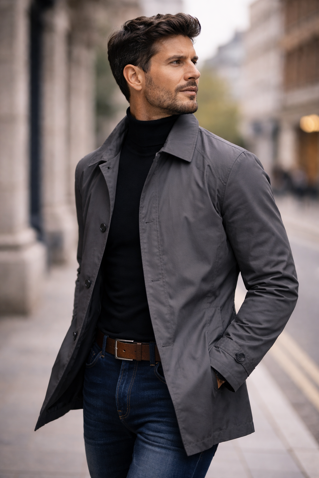 Man wearing a grey, water-resistant windproof jacket with a point collar and button front over a black turtleneck.