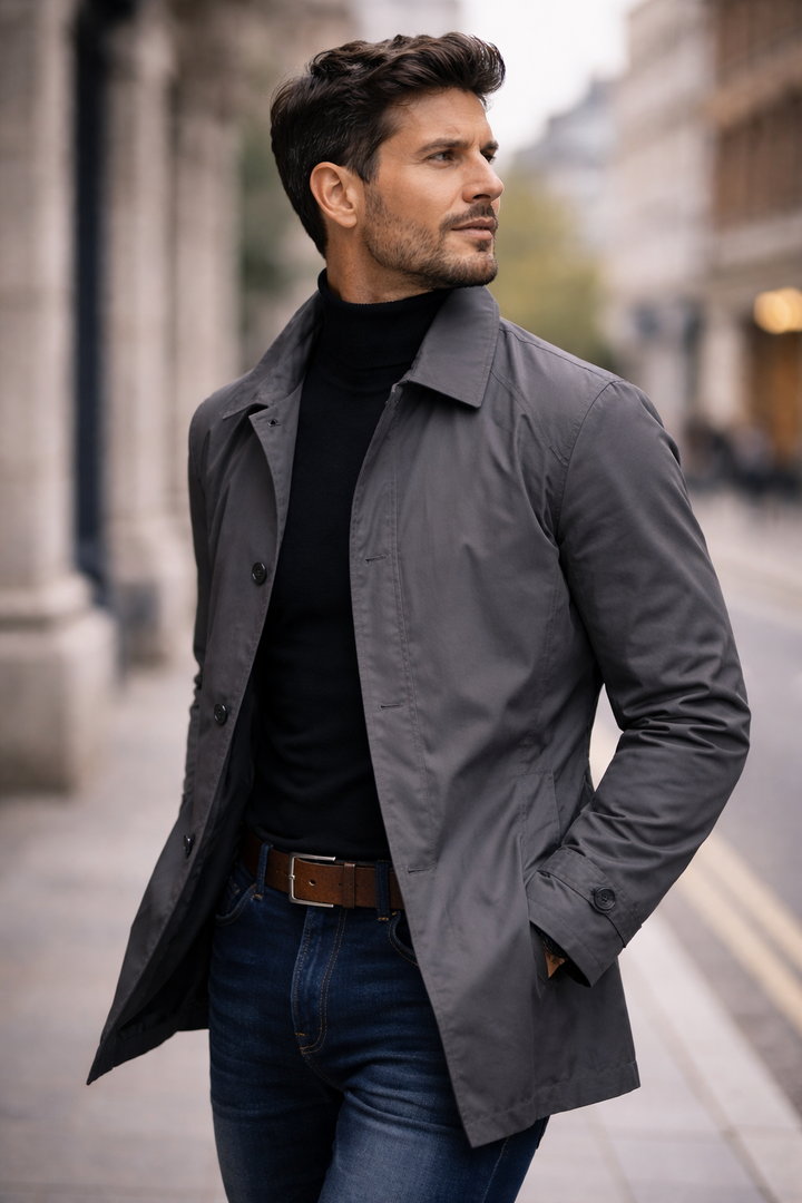 Man wearing a grey, water-resistant windproof jacket with a point collar and button front over a black turtleneck.