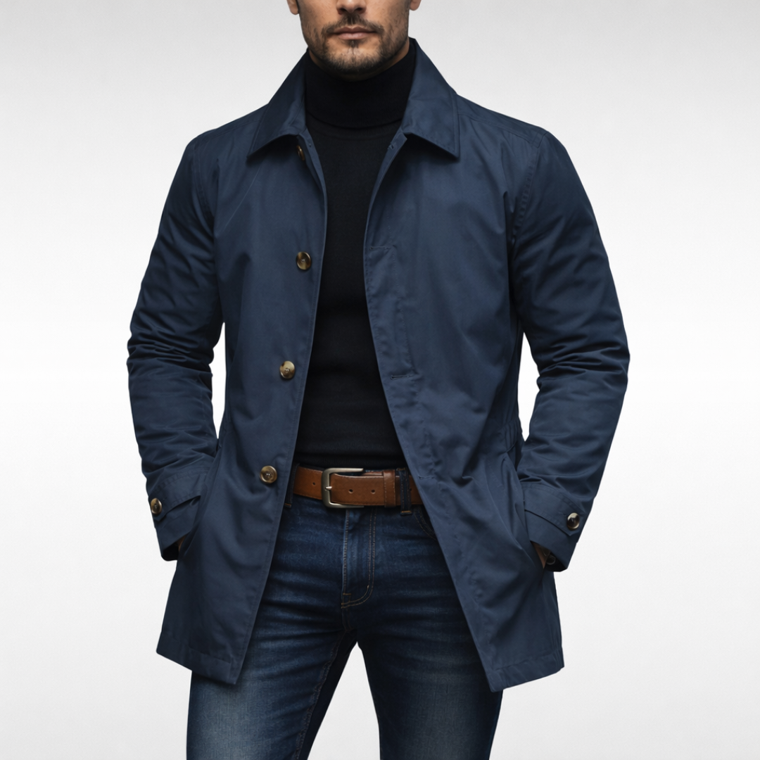 Men's navy windproof, water-resistant jacket with a point collar, button front, and adjustable cuffs for a polished look.
