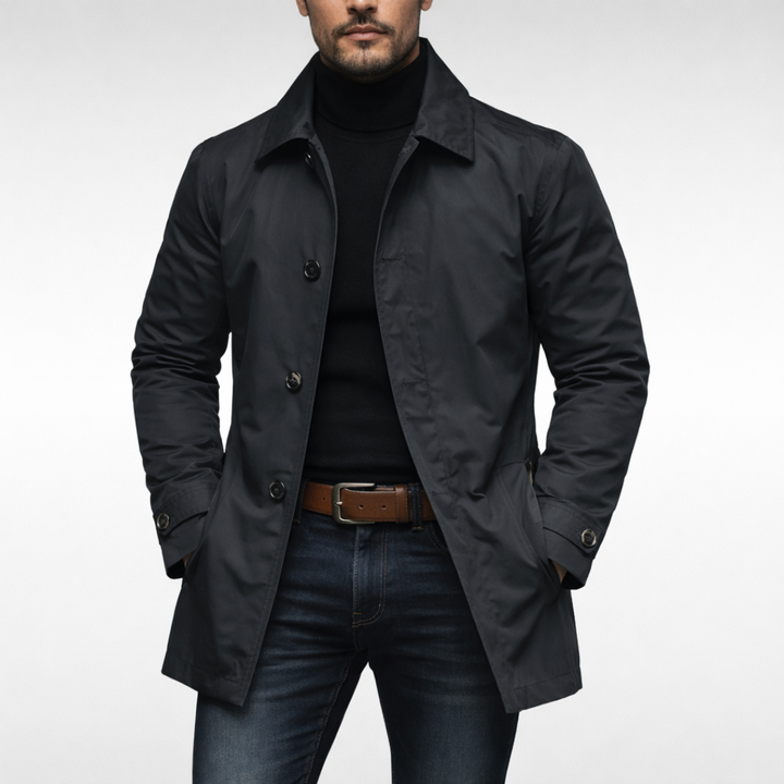 Men's grey water-resistant windproof jacket with a point collar, button front, and adjustable cuffs for a polished look.