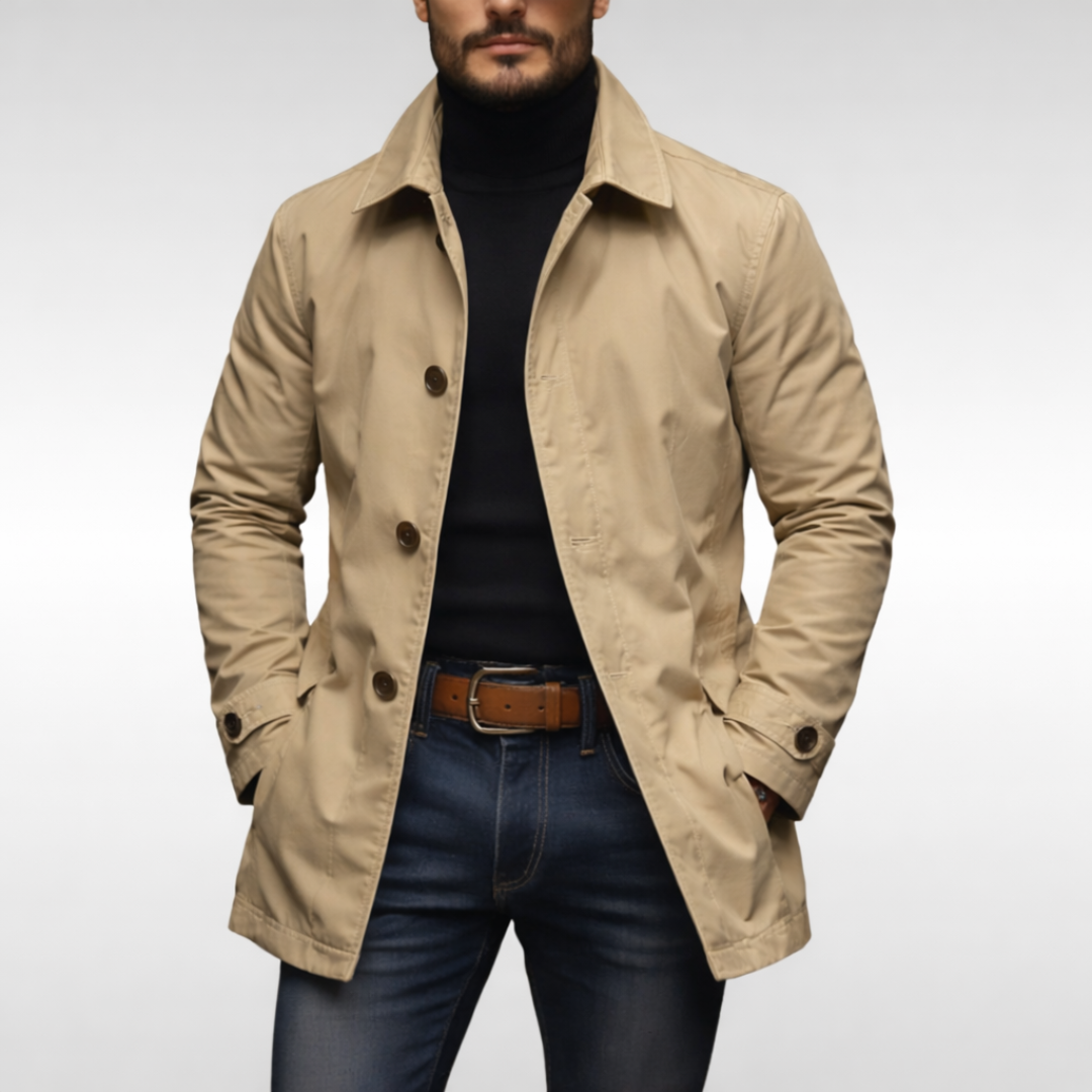 Lightweight beige windproof jacket with a point collar, button front, and water-resistant finish for a polished urban look.