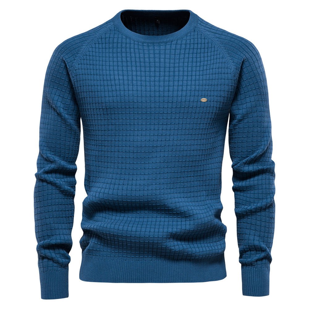 Blue men's crew neck jumper with a textured waffle knit, raglan sleeves, and ribbed trim details.