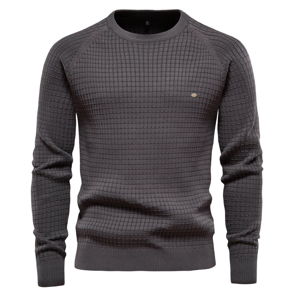 Charcoal grey men's crew neck jumper with a waffle-textured knit, raglan sleeves, and ribbed trims.
