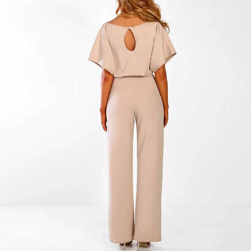 Grace women's tie waist wide leg jumpsuit in neutral, featuring draped short sleeves and a keyhole back.