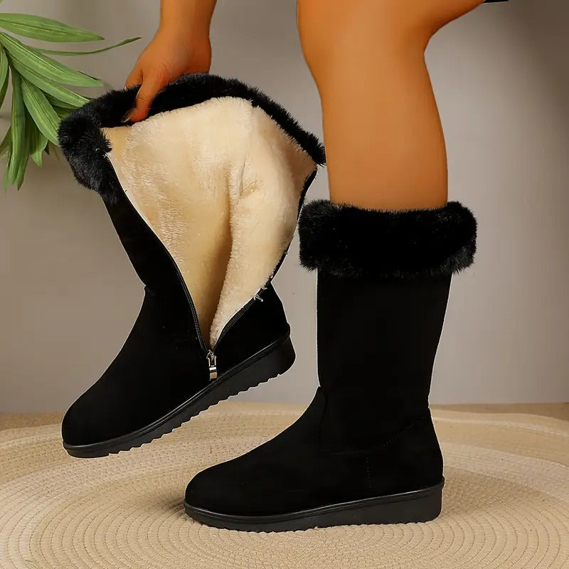 Black mid-calf winter boots with plush faux fur cuffs, side zip closure, and a warm cream-colored fleece lining.