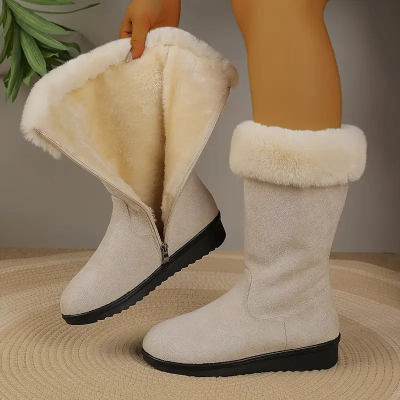 Beige mid-calf winter boots with plush faux fur lining, a folded cuff, side zip closure, and a durable black textured sole.