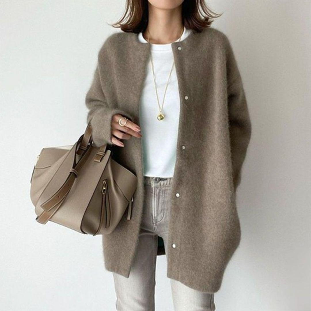 Taupe oversized longline cardigan in soft brushed knit with a collarless round neckline and front button closure.