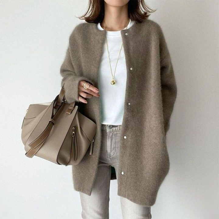 Taupe oversized longline cardigan in soft brushed knit with a collarless round neckline and front button closure.