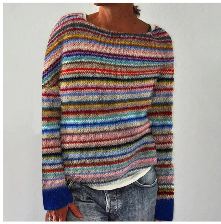 Harriet women's relaxed-fit knit jumper featuring a vibrant, multi-coloured horizontal stripe pattern and wide boat neckline.