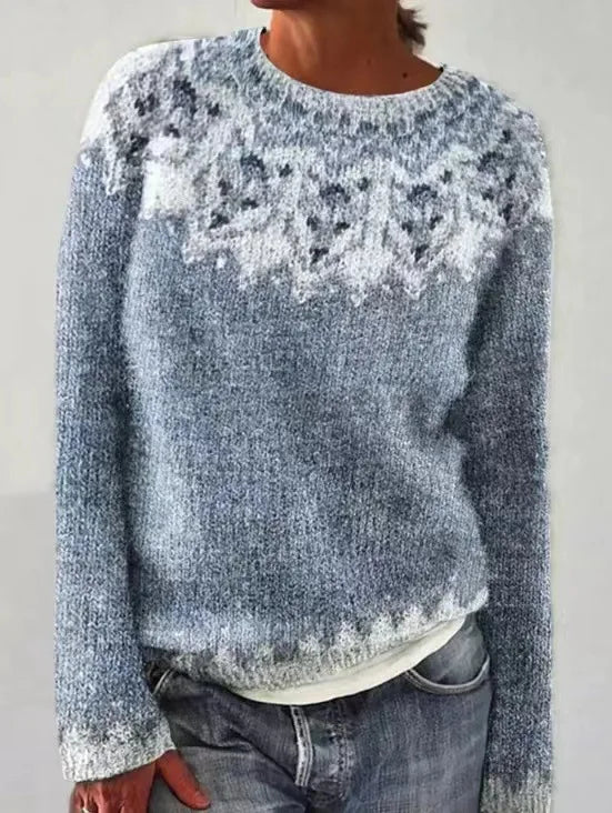 Women's grey Nordic knit jumper with a soft textured finish, long sleeves, and a white patterned yoke design.