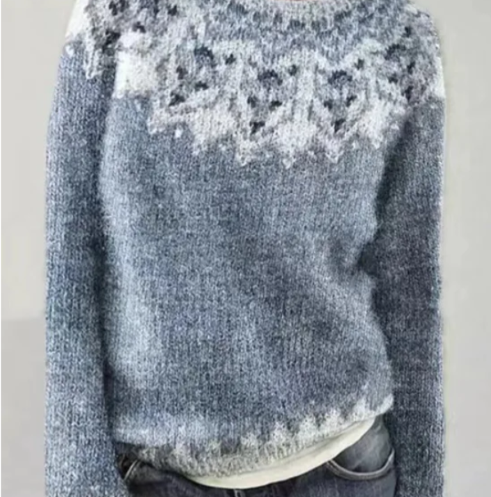 Cosy grey Nordic knit jumper with a white patterned yoke, long sleeves, and a relaxed boat neckline.