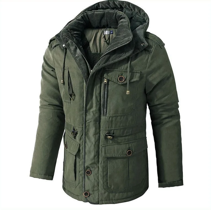 Olive green men's winter parka with a detachable hood, fleece lining, multiple utility pockets, and a zip-and-button closure.