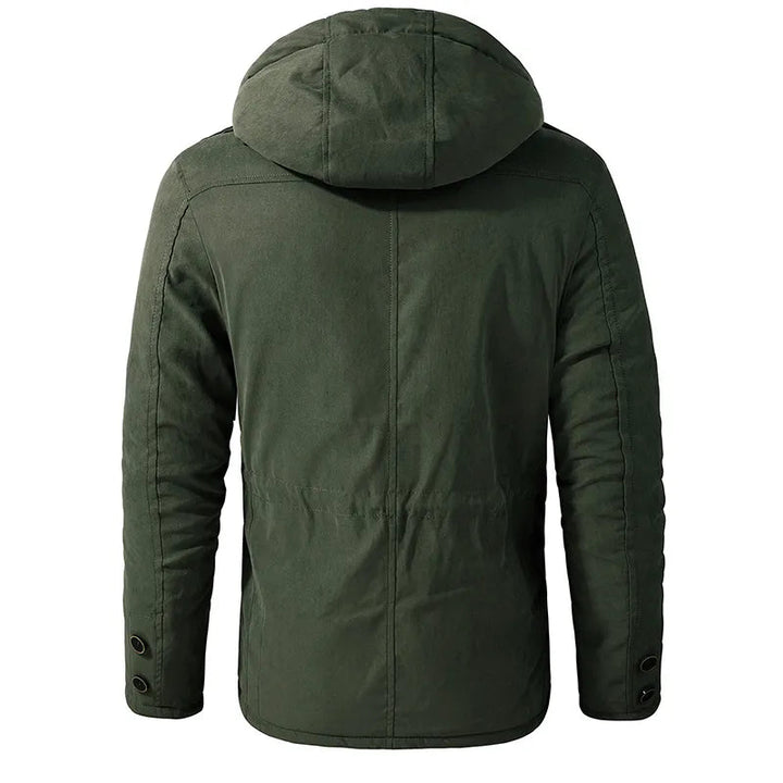 Back view of a dark green men's winter parka featuring a detachable hood, sturdy outer shell, and buttoned cuffs.