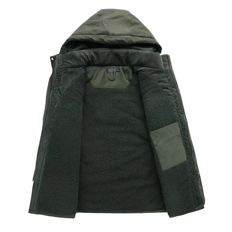Olive green men's winter parka with a plush, dark fleece-lined interior, detachable hood, and internal storage pocket.